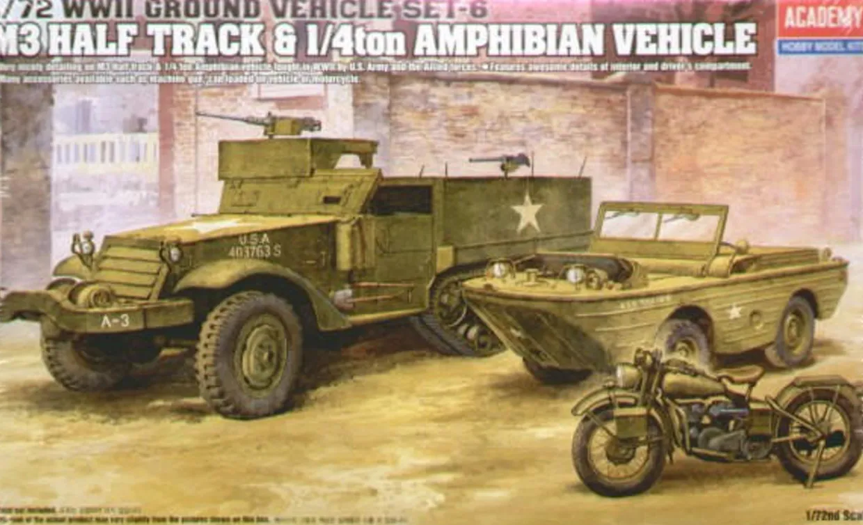 Academy 1/72 WWII Ground Vehicle Set 6 - M3 Half-track with Ford GPA and Motorcycle