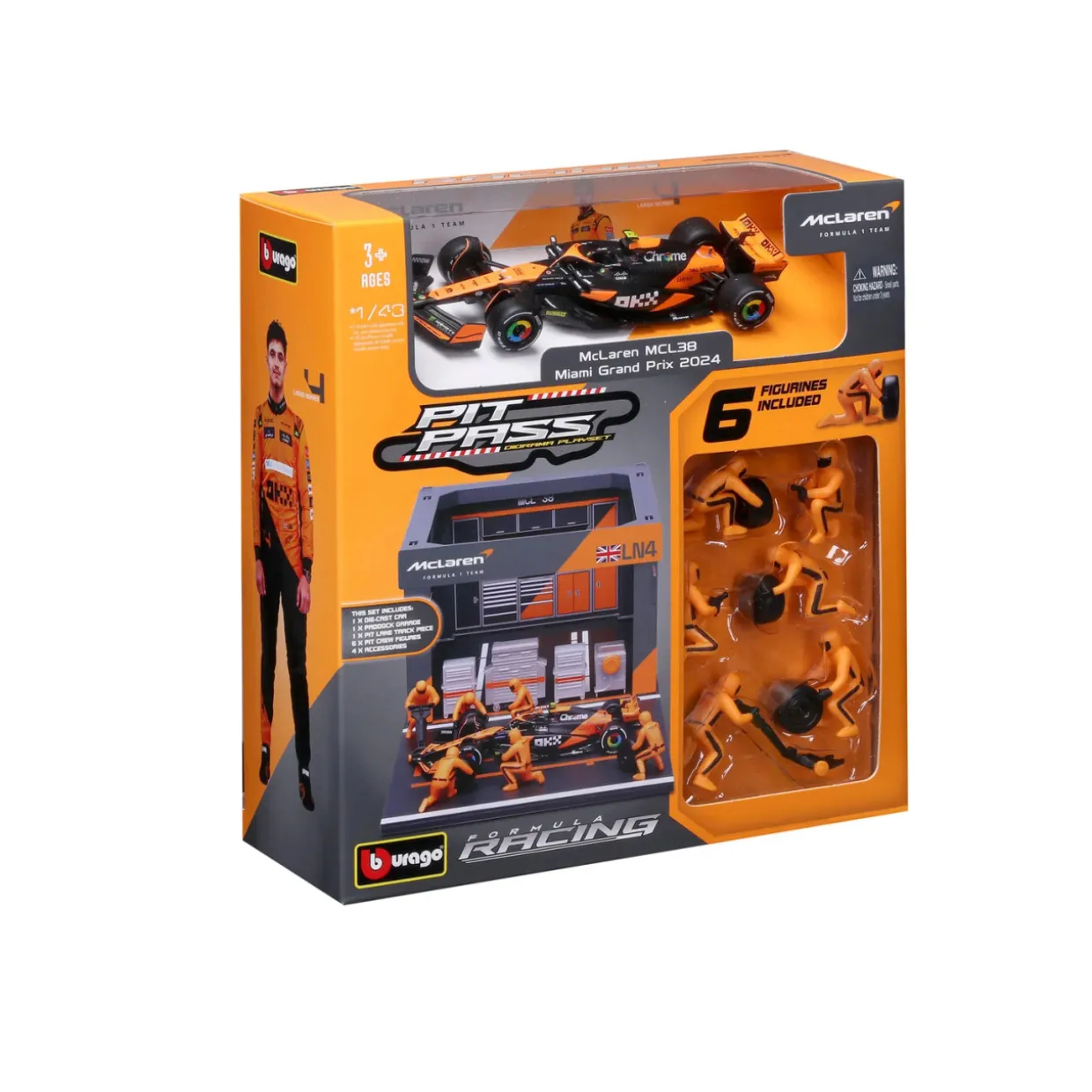 Burago 1/43 F1 McLaren MCL38 2024 Lando Norris Pit Pass Diorama