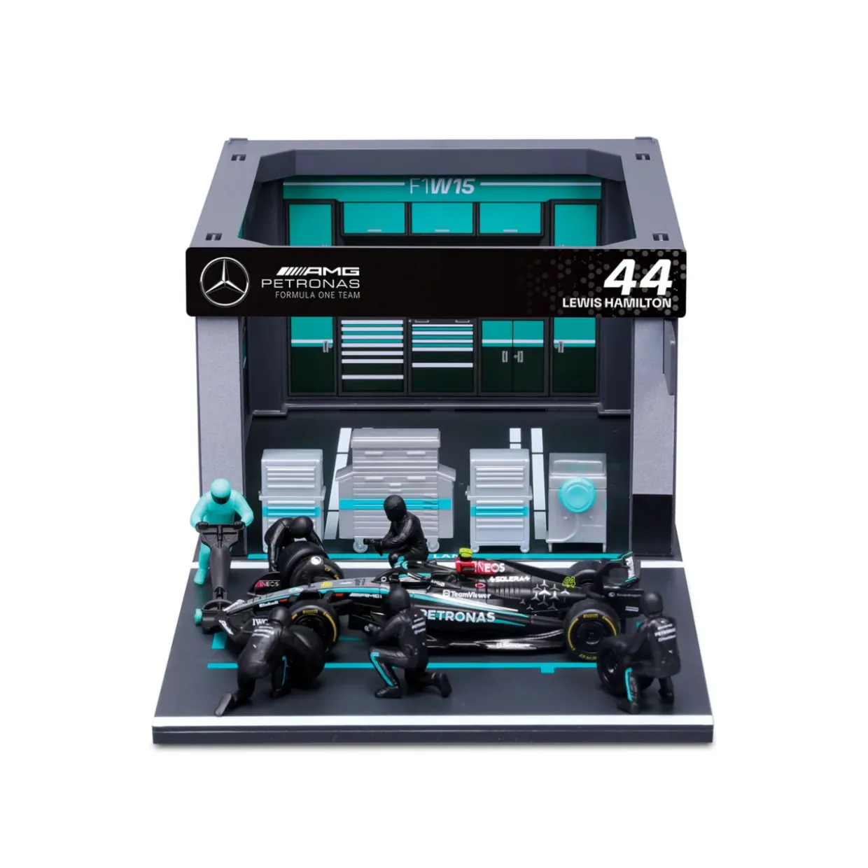 Burago 1/43 F1 Mercedes AMG W15 2024 Lewis Hamilton Pit Pass Diorama