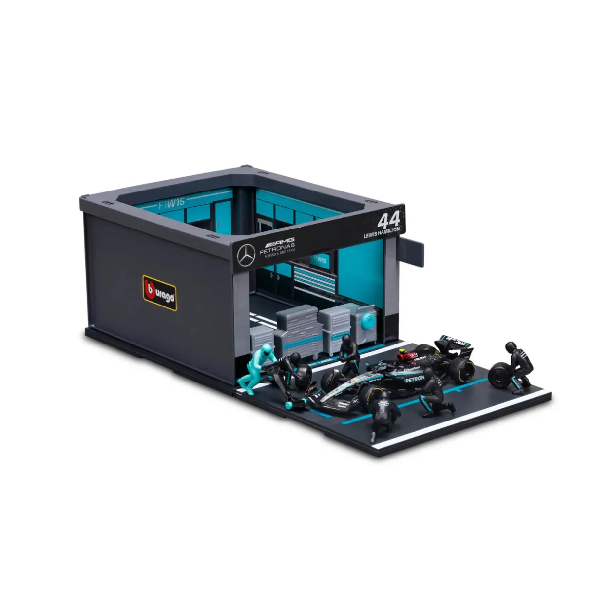 Burago 1/43 F1 Mercedes AMG W15 2024 Lewis Hamilton Pit Pass Diorama