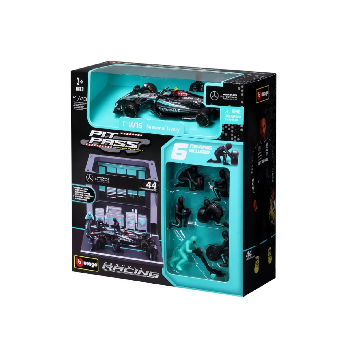 Burago 1/43 F1 Mercedes AMG W15 2024 Lewis Hamilton Pit Pass Diorama