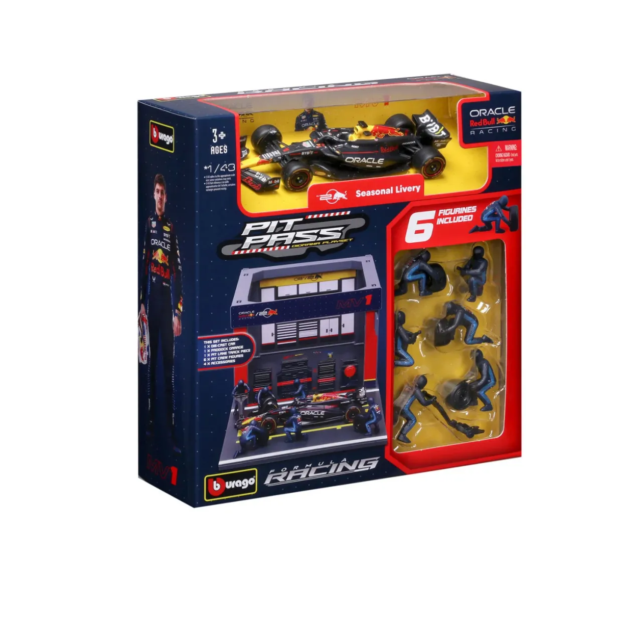 Burago 1/43 F1 Red Bull Racing RB20 2024 Max Verstappen Pit Pass Diorama