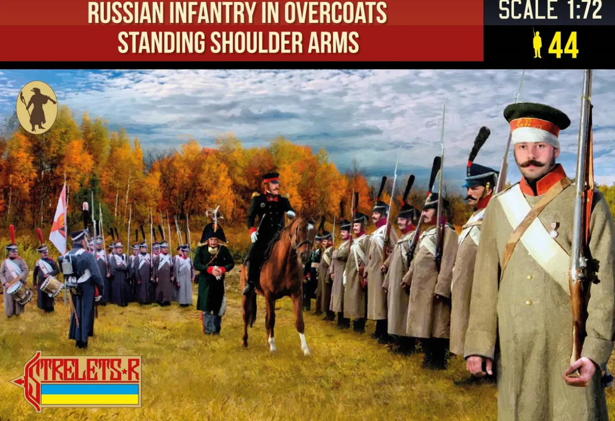 Strelets 1/72 Napoleonic Russian Infantry in Overcoats Standing Shoulder Arms